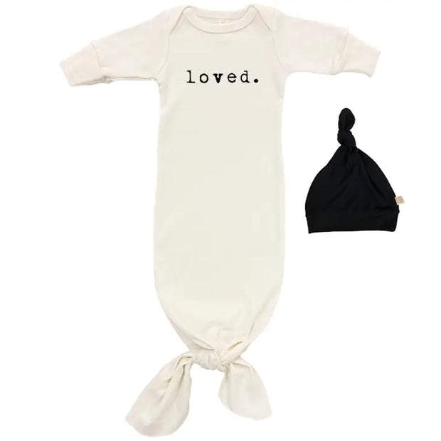 Loved Fold Over Mittens Newborn Tie Gown + Hat Set
