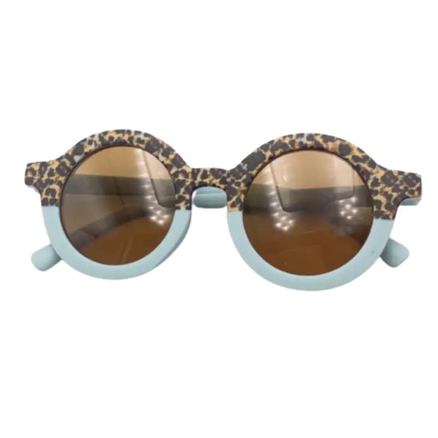 Kids Round Retro Two Tone Sunglasses Sky Blue Cheetah Matte